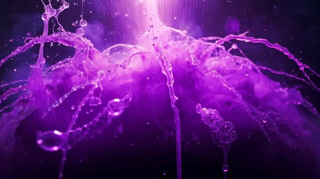 Rising purple light beam striking viscous purple liquid pool in dark void, creating arcing jets