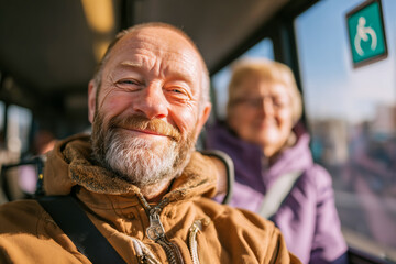 A senior man with a beard smiles while sitting on a bus, with a senior woman in the background. Sunlight streams through the window, highlighting a priority seating sign.