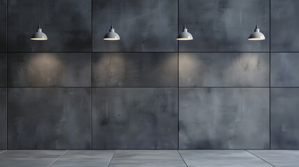 Gray tiles on the wall with five vintage lamps with warm lighting. Concept of minimalist backgrounds for design, advertising of architectural projects.