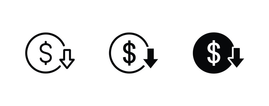 Visualize lower costs with these dollar icons, perfect for finance, savings, or investment projects, use these symbols to highlight reduced spending or market downturns in your financial materials