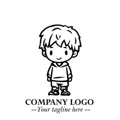 Black and White Chibi Boy Illustration with Jacket and Boots in Bold Thick Line Art Minimal Style
