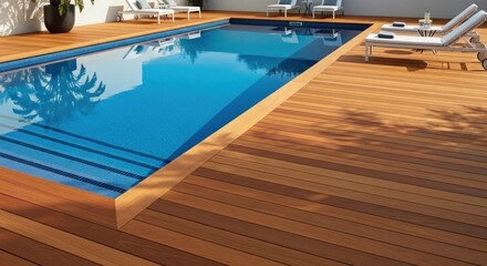 Rectangular swimming pool with wooden deck and lounge chairs, sunlit