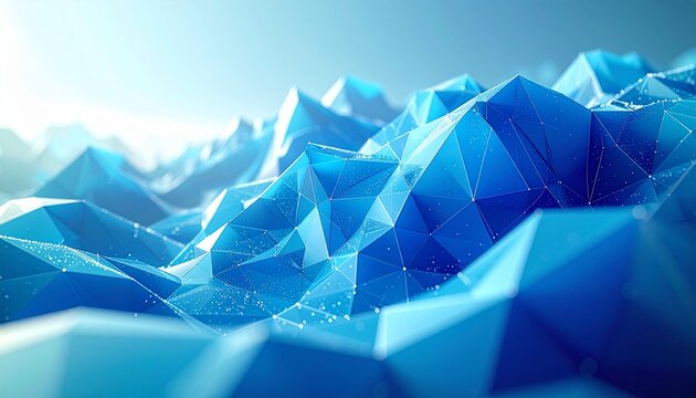 Futuristic digital landscape of interconnected blue crystal peaks, symbolizing technology and data networks in a virtual world - Powered by Adobe