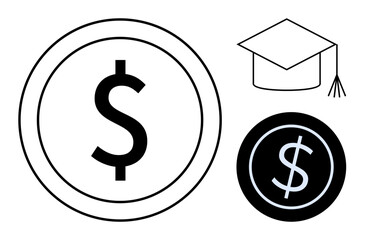 Dollar symbols in circles paired with a graduation cap convey themes of student loans, tuition fees, and educational funding. Ideal for education costs, scholarships, investment, money, knowledge