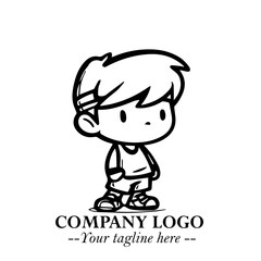 Obraz premium Black and White Chibi Boy Illustration with Jacket and Boots in Bold Thick Line Art Minimal Style 