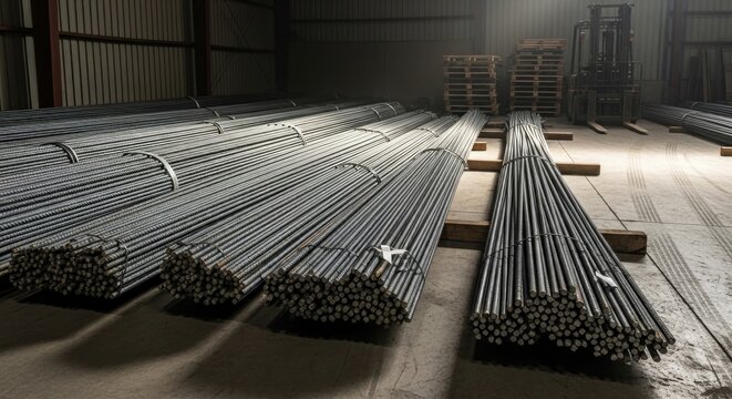 Industrial warehouse filled with rows of long metal bars - Powered by Adobe