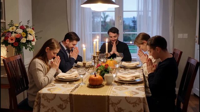 Family saying grace before Thanksgiving dinner at home