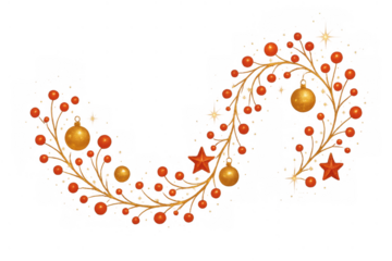 Christmas garland decorating with red berries, gold ornaments, stars, festive holiday season elements