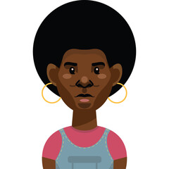 Pixel Art Portrait of a Woman with Afro Hairstyle and Hoop Earrings Wearing Overalls and a Pink Shirt Against a Transparent Background