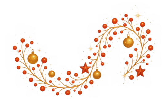 Christmas garland decorating with red berries, gold ornaments, stars, festive holiday season elements