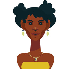Pixel Art Portrait of a Young Woman With Dark Skin and Black Hair Styled in Buns Wearing Yellow Top and Blue Necklace on Transparent Background