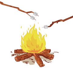 Cartoon-style illustration of marshmallows roasting over a campfire with wooden sticks. Perfect for camping, summer, and outdoor adventure themes.
