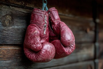 Close-up of a pair of worn red boxing gloves hanging from a metal hook