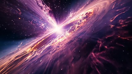 Brightening accretion disk swirling in space, with plasma jet, glowing core, filaments and stars - Powered by Adobe