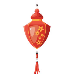 Pixel Art Red Lantern With Yellow Flowers Hanging Ornate Tassel Decoration Isolated On Transparent Background