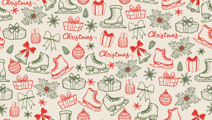 Christmas Vintage Seamless Pattern. Vector New Year Wallpaper Design Sketch Style. Winter Holiday Background. Minimalist Line Art Xmas Design for Textile, Fabric, Greeting Cards and Invitations 