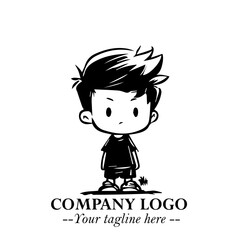 Black and White Chibi Boy Illustration with Jacket and Boots in Bold Thick Line Art Minimal Style
