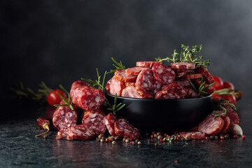 Sliced dry cured sausages with spices on a black table.