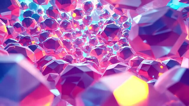 Camera starting behind faceted crystals drifting through void, revealing pulsing golden glow