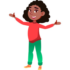 Young African American Girl With Curly Hair Smiling And Wearing Red Long Sleeve Shirt And Green Pants Holding Arms Out With Small Objects In Hands On Transparent Background