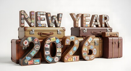 Vintage suitcases and decorative letters spell out new year 2024