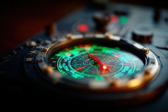 Close-up of a nautical radar screen with glowing green signals - Powered by Adobe