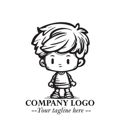 Black and White Chibi Boy Illustration with Jacket and Boots in Bold Thick Line Art Minimal Style
