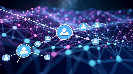 Loading digital network causing blue user icon emerging in mesh forming radial connections - Powered by Adobe
