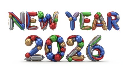 Colorful balloons spell out new year 2026 celebration