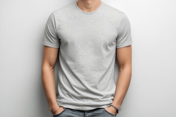 Heather Grey Tshirt Mockup on Man in White Background for Casual Attire