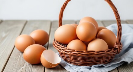 Basket and loose brown chicken eggs on weathered, light wooden surface