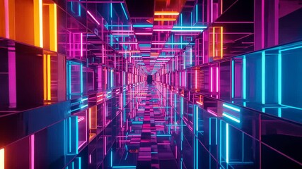 Opening shot showing camera drifting through digital tunnel with pulsing cube panels and neon bars - Powered by Adobe