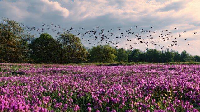 Henbit In Grass - Spring Field with Pink Wildflowers Blooming under Green Trees