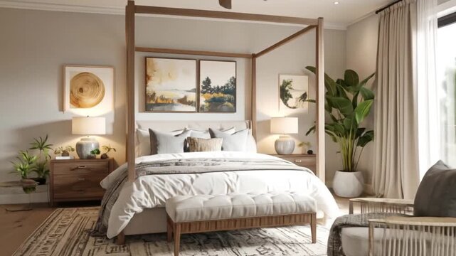 A serene bedroom featuring a four-poster bed, artwork, lamps, a bench, and a view to a balcony