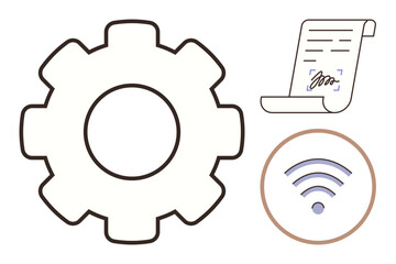 Gear, signed document, and wireless symbol convey technology, process automation, connectivity, and paperwork digitization. Ideal for business, technology, innovation network workflow