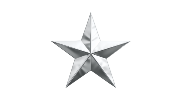 A shiny silver star with five points isolated on a solid black background view front