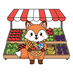 Vector Illustration of Fox Cartoon Shopping at Fresh Farmers Market Stall, Holding Basket Full of Groceries