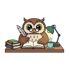 Vector Illustration of Owl Cartoon Writing with Quill Pen and Glasses