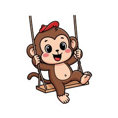 Vector Illustration of Baby Monkey Cartoon Wearing Red Cap Swinging Happily on a Wooden Swing