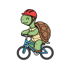 Vector Illustration of Cartoon Tortoise Riding a Bicycle and Wearing a Red Safety Helmet