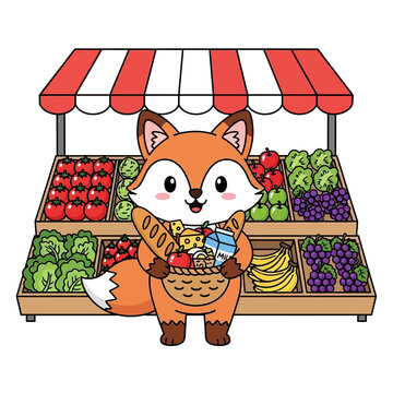 Vector Illustration of Fox Cartoon Shopping at Fresh Farmers Market Stall, Holding Basket Full of Groceries