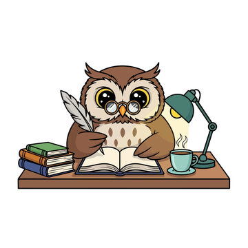 Vector Illustration of Owl Cartoon Writing with Quill Pen and Glasses