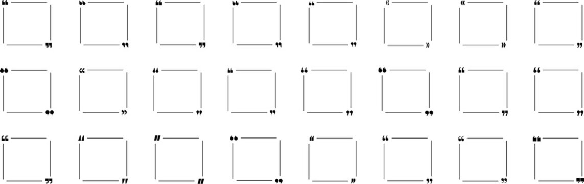 Quote box frame icon set. Monochrome simple horizontal frame. Quotes. Quotation marks. Comment, text box. Speech bubbles with quotation marks. Blank text message box for quotes. Blog post template.