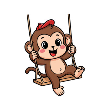 Vector Illustration of Baby Monkey Cartoon Wearing Red Cap Swinging Happily on a Wooden Swing