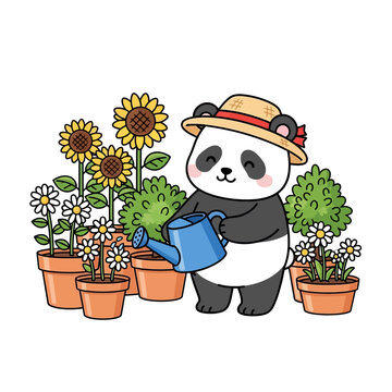 Vector Illustration of Panda Gardener Watering Potted Flowers with a Blue Can