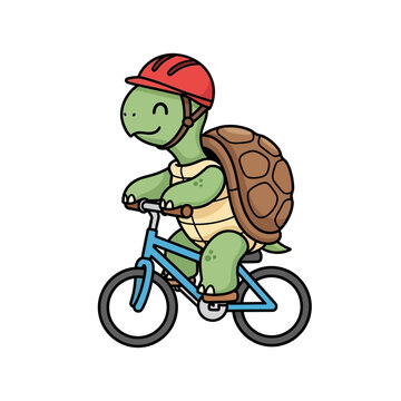 Vector Illustration of Cartoon Tortoise Riding a Bicycle and Wearing a Red Safety Helmet
