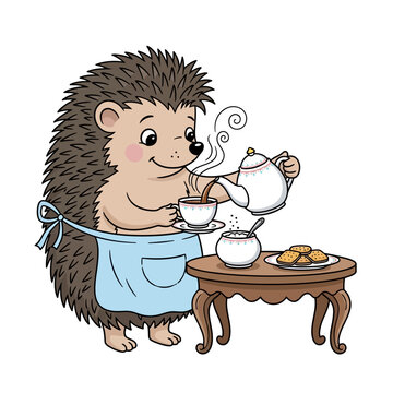 Vector Illustration of Hedgehog Pouring Hot Tea from Teapot, Serving Afternoon Tea Time with Cookies