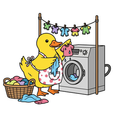 Vector Illustration of cartoon yellow duck doing laundry