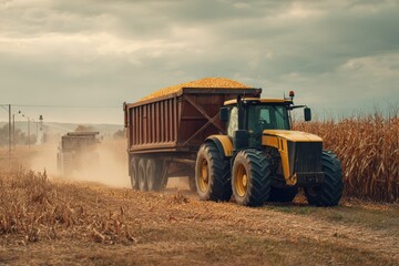 Fototapeta premium Hopper Trailer: Farming Tractor Merging Harvested Corn in Fall Agricultural Cultivation