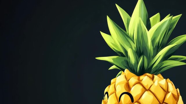 A cartoon pineapple character exhibits a cheerful expression with wide eyes and a bright smile.